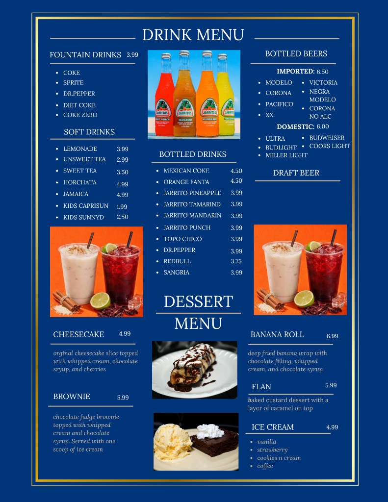 Ocean Tides menu, page 1: drinks and desserts