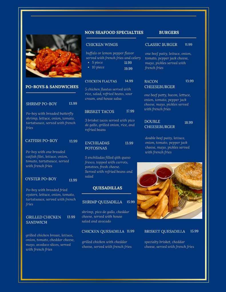 Ocean Tides menu, page 2: po-boys, specialties, and burgers