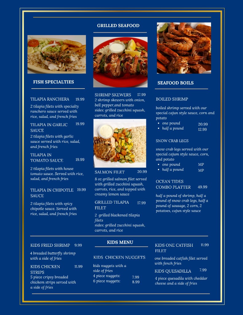 Ocean Tides menu, page 3: grilled seafood, boils, and kids menu