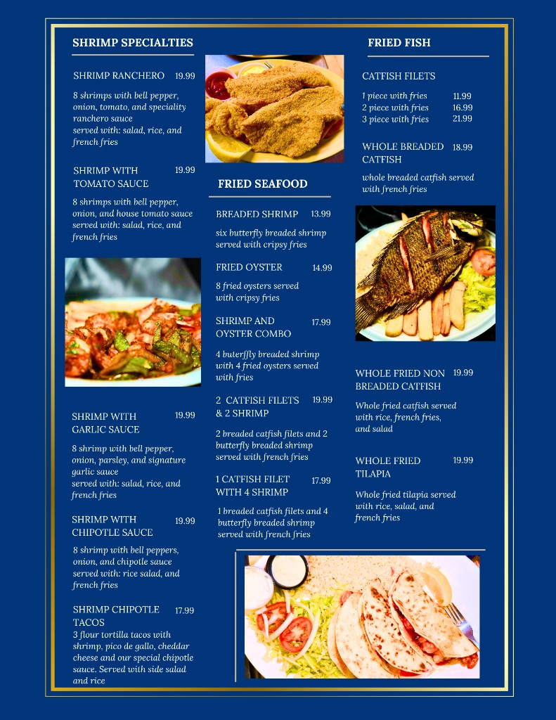 Ocean Tides menu, page 4: shrimp specialties and fried fish