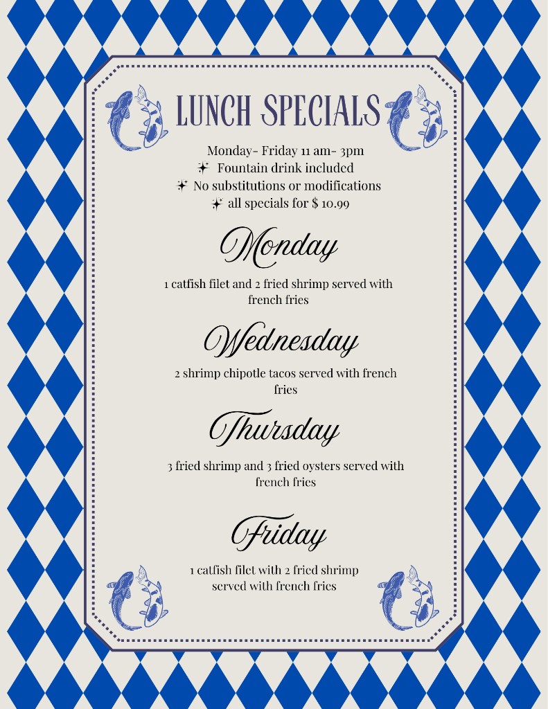 Ocean Tides lunch specials, Monday through Friday, 11 am to 3 pm, all specials $10.99