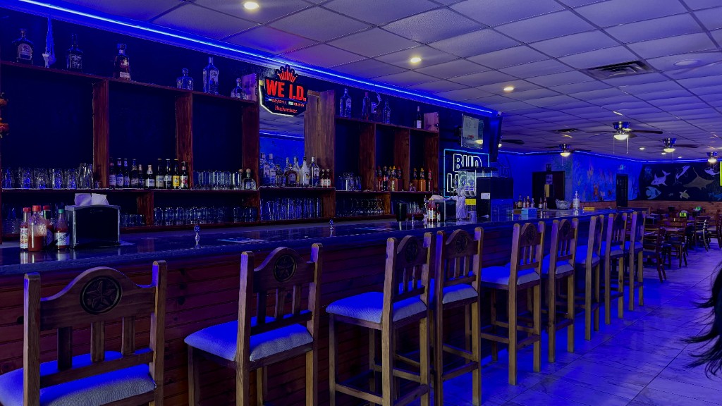 The wooden bar, stools, and shelves of bottles
